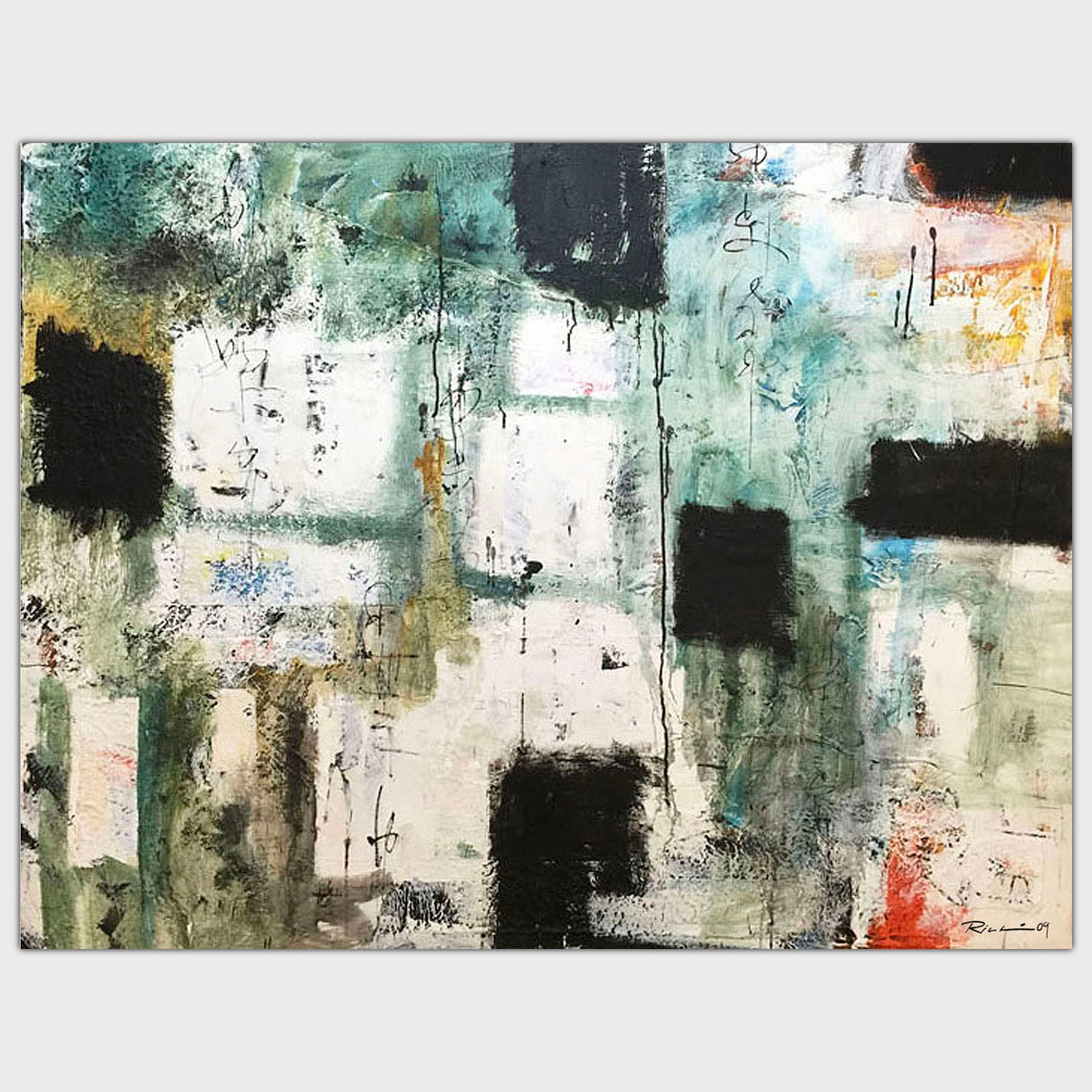 Original art for sale-Abstract expressive composition of color layers, broad brush strokes and drips over glued materials